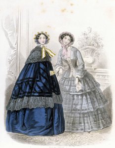 2 módní ženy: v outfitu - v “” Journal des Demoiselles”” 1852 (rytina) od French School