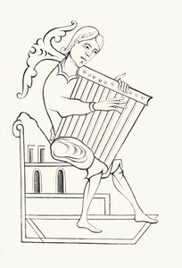 Hudebník z 9. století hrající na hudební nástroj známý jako psalterium z „Les Arts au Moyen Age“, vydané v roce 1873 (litho) od French School