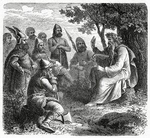 Bard recitující Normanům, kolem roku 1882 (dřevoryt) od French School