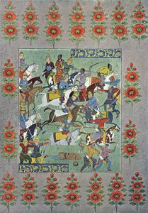 Bitva, ilustrace z The Arabian Nights, 1895 (barevná rytina) od French School