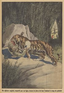 Britský důstojník, unášený tygrem, najde sílu zabít zvíře svou pistolí (barva litho) od French School