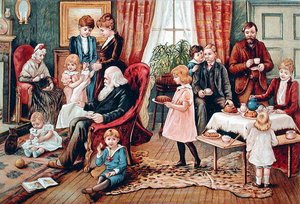 A Family Takeing Tea, cca 1900 (barevné lito) od French School