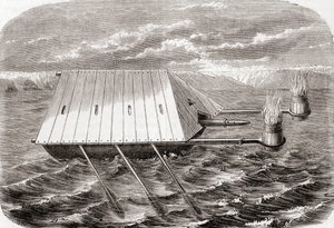 Řecká požární loď, podle kresby v latinském rukopisu ze 13. století, z Les Merveilles de la Science, vydáno kolem roku 1870 (rytina) od French School