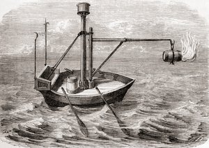 Řecká požární loď, podle kresby v latinském rukopisu ze 13. století, z Les Merveilles de la Science, vydáno kolem roku 1870 (rytina) od French School