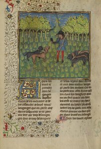 Lovec trénuje psy, aby reagovali na Volání rohu, cca 1430-40 (tempera, zlatá a stříbrná barva a zlatý list na pergamenu) od French School