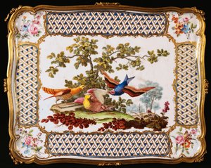 Podnos Louis XV Sevres zdobený třemi exotickými ptáky v krajině, tvořící horní část stolu kavárny, 1761 od French School