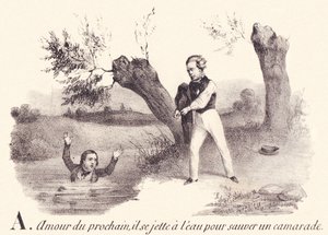 A: Láska k bližnímu, vrhá se do vody, aby zachránil soudruha. od French School