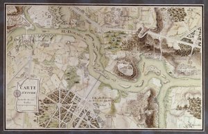 Mapa inspirovaná Candidou od Francoise Voltaira (1694-1778) pro soutěž organizovanou Ecole Nationale des Ponts et Chaussees v Paříži, konec 18. století (pero, inkoust a wc na papíře)