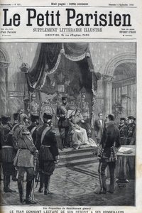 Návrh na všeobecné odzbrojení (předložený evropským mocnostem) – Car Nicholas II (1868-1918) čte svůj rekript svým poradcům. Le Petit Parisien od French School