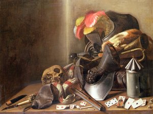 Zátiší Vanitas s lebkou, hracími kartami a brněním, cca 1650 (olej na plátně) od French School