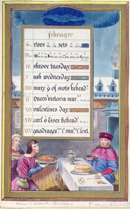 List viktoriánského kalendáře na únor s ilustrací z Knihy hodin Anny de Bretagne (1488-1514) od French School