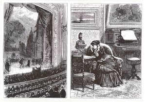 Žena poslouchající operní představení ve svém vlastním domě pomocí telefonu Ader-Bell a Adersova zařízení pro přenos hudby z Les Nouvelles Conquetes de la Science od Louise Figuiera, od French School