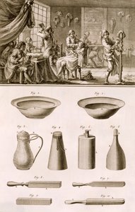 Holičství a holičské nástroje, z Encyclopedie des Sciences et Metiers od Denise Diderota (1713-84) vydané kolem roku 1770 od French School
