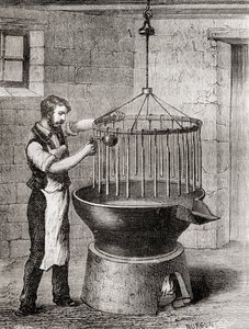Obchodník vyrábějící svíčky v 19. století, z knihy "Les Merveilles de la Science", vydané kolem roku 1870 (rytina) od French School