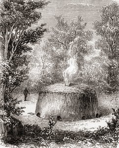 Pec na dřevěné uhlí v lese, po kresbě z 19. století, z Les Merveilles de la Science, vydáno kolem roku 1870 (rytina) od French School