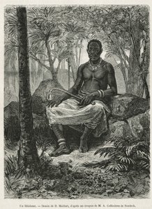 Fetišeur, čaroděj, který umí používat magickou sílu fetiše, kresba D. Maillarta k příběhu o cestě do Gabonu a k řece Ogoue, kterou v letech 1875-1877 podnikl Alfred Marche. Rytina v Le tour du monde od French School