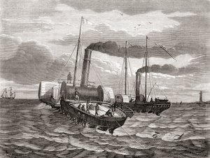 První pokus Anglo-francouzské telegrafní společnosti Johna Watkinse Bretta z roku 1850 o položení první linky pod Lamanšským průlivem z Doveru do Calais pomocí přestavěných remorkérů Goliath a Widgeon, z knihy Les Merveilles de la Science, vydané kolem rok od French School
