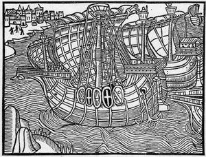 Flotila v 15. století podle rytiny „Vergier Dõhonneur“. Rytina v „La Marine et les colonies: commerce“ od French School