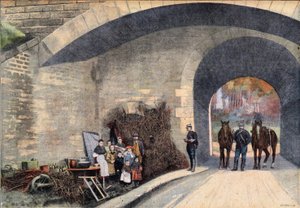 Rodina bez domova tábořila pod mostem v Paříži. Rytina převzata z novin „Le Petit Parisien““ od French School