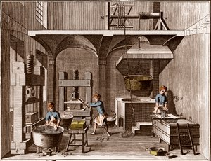 Papírna - Papírnictví: Koláž - "" Velká encyklopedie nebo Dictionnaire Raisonne des Sciences, des Arts et des Metiers" (Encyklopedie nebo slovník věd, umění a povolání) od Denise Diderota (1713-1784) a Jean d