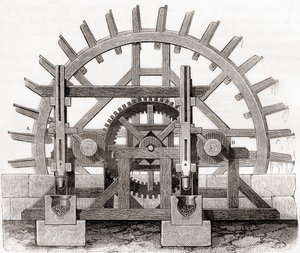 Mlýn na prášek a jeho vodní kolo, po nákresu z 19. století, z Les Merveilles de la Science, vydáno kolem roku 1870 (rytina) od French School