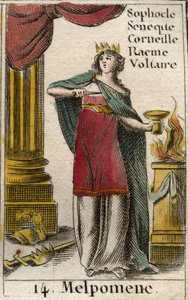 Představení melpomene, múzy tragédie, nosí korunu, žezlo a dýku a také pohár jedu (Reprezentace Melpomene, Múzy tragédie, s korunou, tragickou maskou, nožem a pohárem z "Mytologie mládí" od od French School
