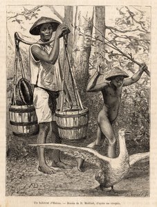 Obyvatel Hatienu (Vietnam) nesoucí kbelíky a košík a dítě lovící holí husu, rytina podle kresby od Robina ilustrující plavbu do Cochinchine od doktora Morice v roce 1872, publikovaná v „“Le tour du monde““ “ 1875, editoval E od French School