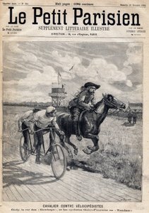 Jezdec závodil proti velocipedistům: William Frederic Cody (1846-1917), známý jako Buffalo Bill, známý jako král kovbojů a cyklisté Gaby a Fournier v Tandemu. Jeden z novin "Le petit Parisien"" 26.11.1893 (rytina) od French School