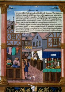 Rue de Paris s echopy na počátku 16. století Rukopisná stránka převzatá z „Livre du Gouvernement des Princes“ od Romaina Gillese (16. století) Paříž, Bibliotheque de l