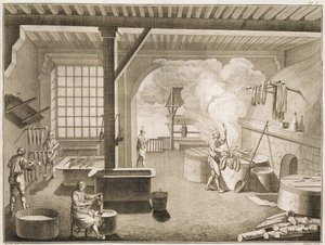 Workshop barvířů hedvábí z Encyclopedie des Sciences et Metiers od Denise Diderota (1713-84) vydané kolem roku 1770 od French School