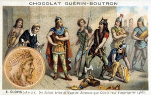 Voják rozbije vázu Soissons, kterou chce Clovis vlastnit, 486 od French School