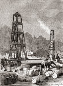 Zdroj ropy v Oil Creek na řece Allegheny, Pensylvánie, USA v roce 1858, objeven Edwinem Laurentinem Drakeem, alias plukovníkem Drakem, z „Les Merveilles de la Science“, vydáno kolem roku 1870 (rytina) od French School