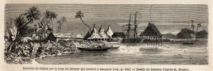 Cukrovar Paklat, na rameni Menam, hlavní thajské řeky, kresba Sabatierem, k ilustraci cesty Henriho Mouhota do království Siam, Kambodža a Laos v letech 1858 až 1861. Rytina „“ Le tour du monde“ “, editoval Edouard Charto od French School