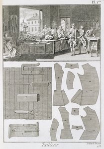 Krejčovská dílna a vzory, z Encyclopedie des Sciences et Metiers od Denise Diderota (1713-84) vydané kolem roku 1770. od French School