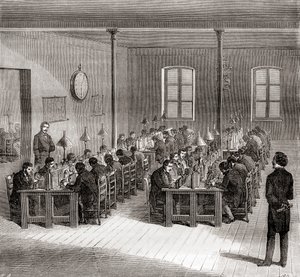 Telegrafní stanice v Paříži, Francie kolem roku 1870, z Les Merveilles de la Science, zveřejněno kolem roku 1870 (engaving) od French School