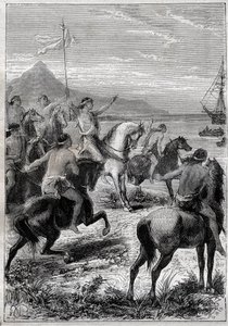 Skupina mužů na koních měla bílou vlajku: viceadmirál John Byron (1723-1786) přijatý domorodci z Cape des Virgins ve východním ústí Magellan