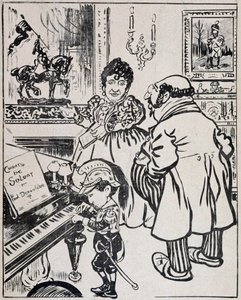 Použitý bronz, karikatura s bitevními loděmi, noty pro Derouleda na klavír a soška Johanky z Arku (význam) , "Psst" 12. 3. 1898. od French School