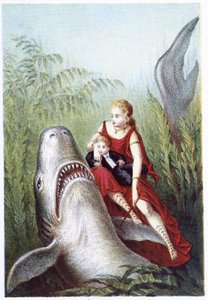 Žena a chlapec jedoucí na žralokovi - ve filmu „Cesta na dno moře“ od H. de la Blanchère. Paris, ed. Jouvet et Cie, sd. 1880. (dvojité 02943) od French School