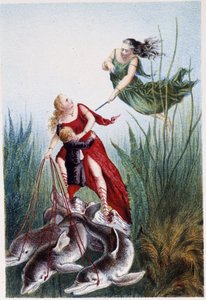 Žena útočící na jinou ženu a chlapce vedeného delfíny – ve filmu „Cesta na dno moře“ od H. de la Blanchère. Paris, ed. Jouvet et Cie, sd. 1880. (dvojité 02947 a 02952) od French School