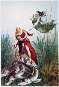 Žena útočící na jinou ženu a chlapec vedený delfíny - v "Cestě na dno moře" od H. de la Blanchère. Paříž, vyd. Jouvet et Cie, sd. 1880. (double 02947) od French School