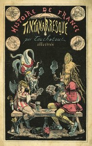 Žena v péřové paruce a muž v karikatuře Galové při karetní hře. Obálka "Histoire de France Tintamarresque", karikatury Touchatout, Paříž od French School