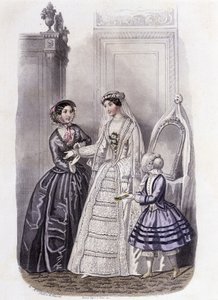 Žena ve svatebních šatech obklopená dívkou a dámou - v „Journal des Demoiselles““ 1852. od French School