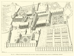 Opatství Saint-Germain des Pres kolem roku 1630, z tehdejší kresby, uchovávané v Národní knihovně od French School
