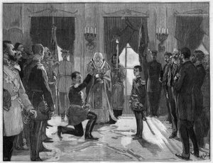 Abdikace srbského krále Milana 1. (1854-1901), 7. března 1889: bývalý král složil přísahu poslušnosti a věrnosti svému synovi Alexandru 1. Srbskému (1876-1903), za kterého právě abdikoval. Rytina v „“ Le Monde Illustré““ č. 1666 z 2. března od French School