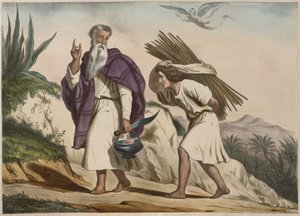 Abraham bere Izáka na horu Moriah, ilustrace z katechismu LHistoire Sainte, vydaný Charlesem Delagrave, Paříž od French School