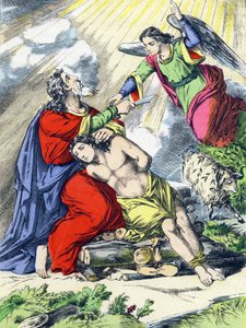 Abrahamova oběť. Rytina do „Hlavní fakta svaté historie". Epinal Imaging, 4. řada. Pellerin a Cie, tiskárna-nakladatel, Epinal. Konec 19. století. Rozměr: 5,5 x 3,5 cm od French School