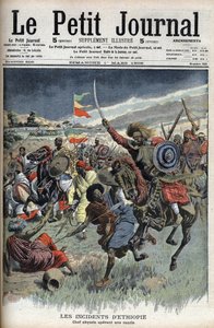 Habešský náčelník na nájezdu, Etiopie, březen 1908 (křesťané, abysini bojovali proti muslimským somálcům na etiopsko-somálské hranici) z Le Petit Journal (rytina) od French School