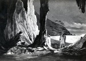 2. dějství, scéna 3 Pelleas et Melisande od Debussyho, z fotografie první inscenace opery v Opeře-Comique v Paříži v dubnu 1902, ilustrace v časopise Theatre, červen 1902 (l od French School