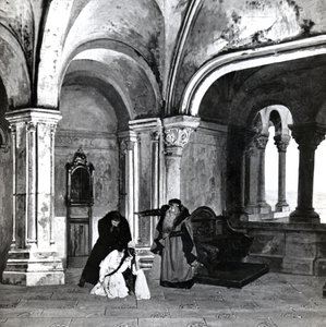 4. dějství, scéna 2 Pelleas et Melisande od Debussyho, z fotografie první inscenace opery v Opeře-Comique v Paříži v dubnu 1902, ilustrace v časopise Theatre, červen 1902 (l od French School