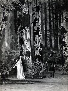 První dějství, scéna 1 Pelleas et Melisande od Debussyho, z fotografie první inscenace opery v Opeře-Comique v Paříži v dubnu 1902, ilustrace v časopise Theatre, červen 1902 (li od French School